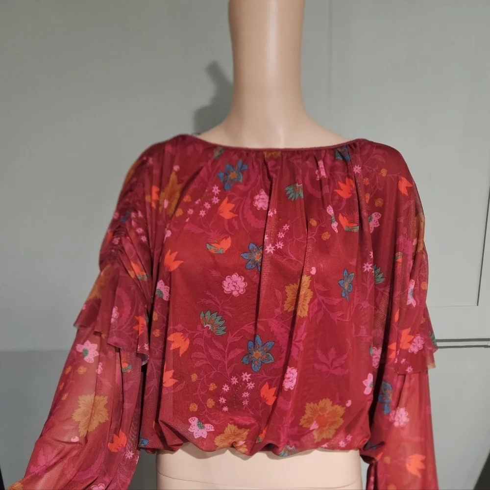FREE PEOPLE Sheer Floral Wildflower Ruffle Sleeve Boho Blouse. XS